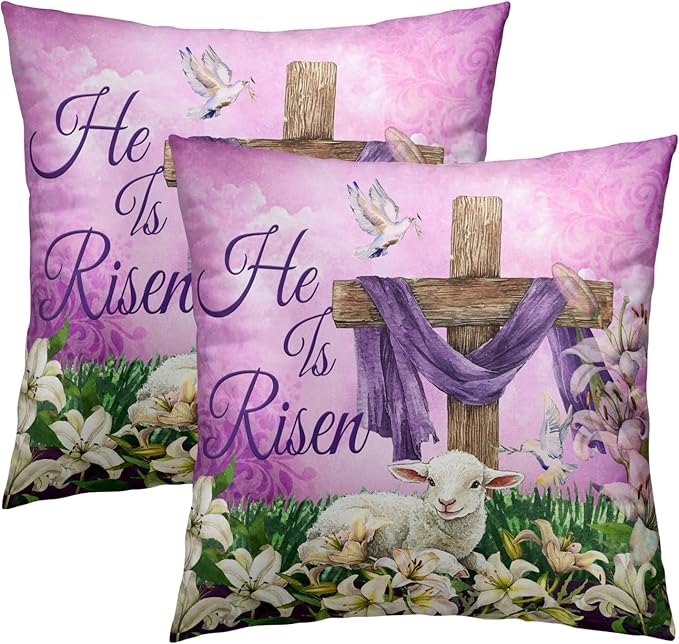 He is Risen Cross Christian Throw Pillow Covers 24''x24'' Set of 2 Easter by Granbey