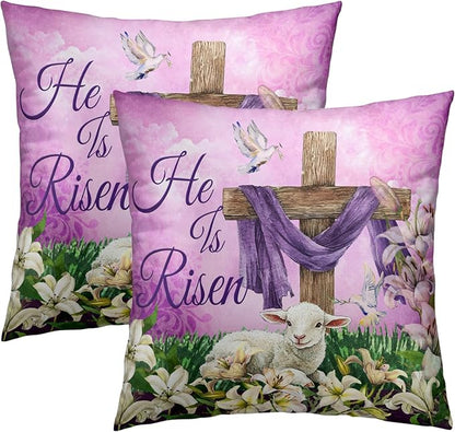 He is Risen Cross Christian Throw Pillow Covers 20''x20 Set of 2 Easter Spring by Granbey