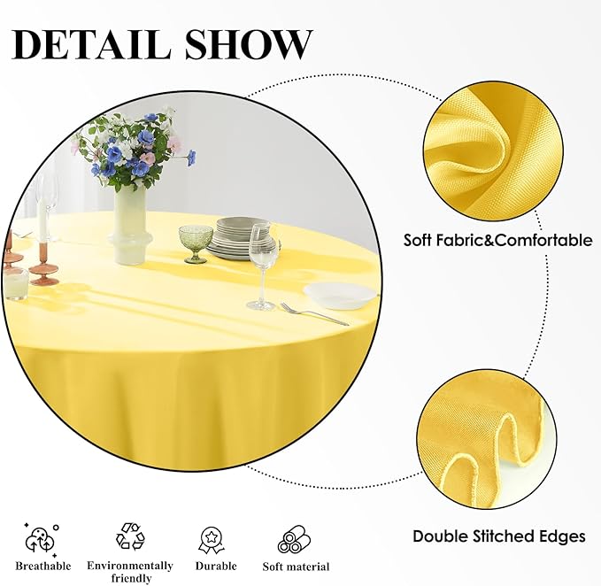 Round Tablecloth 132 Inch 2 Pack Yellow Tablecloths Washable Decorative Linen - Image 4
