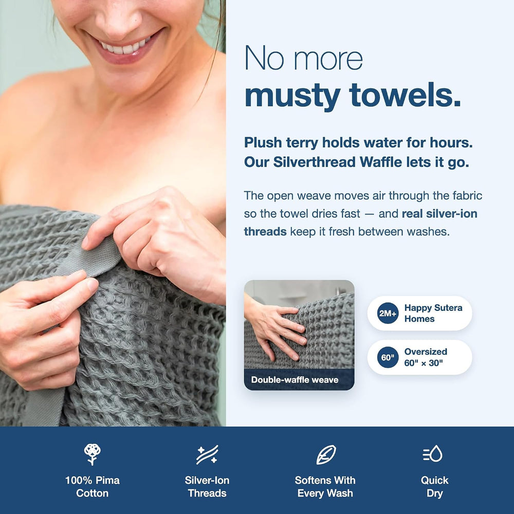 SUTERA Quick Dry Bath Towel, 100% Pima Cotton, Silverthread Waffle, Grey