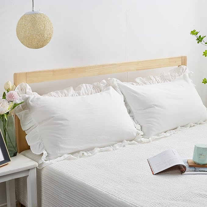 Ruffle Pillow Shams King Size Set of 2, Shabby Washed Cotton Pillow Cases White - Image 2