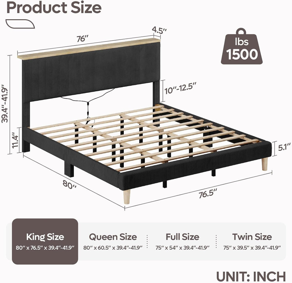 Bestier King Bed Frame with Storage Headboard & LED, Upholstered, Black
