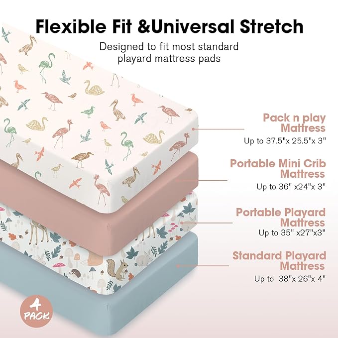 Bimocosy Pack and Play Sheets Fitted 4 Pack, 38 x 26 Inch Pack n Play Mini Crib - Image 2