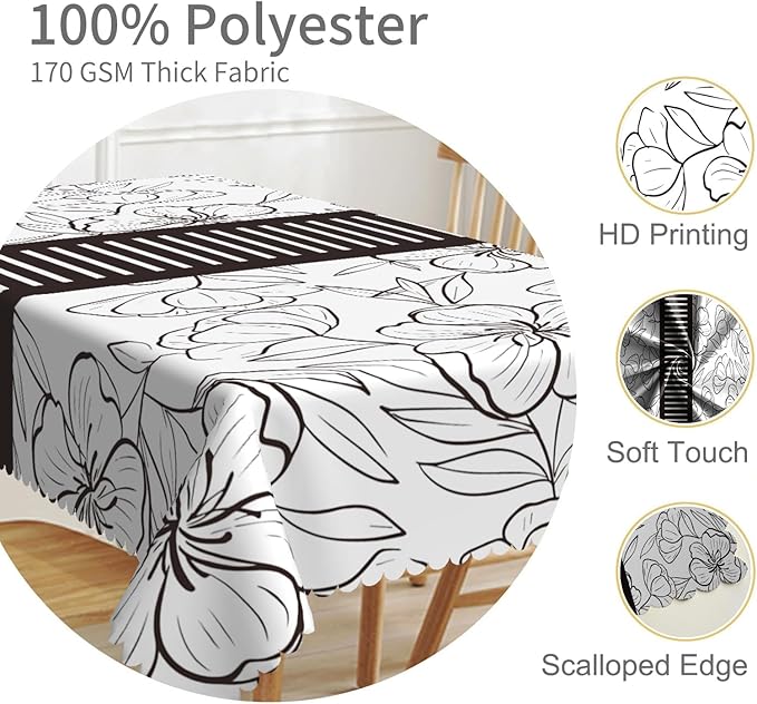 70x90inches Floral Rectangle Tablecloth Black and White Sketch Floral Printed - Image 3