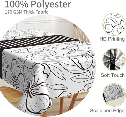 70x90inches Floral Rectangle Tablecloth Black and White Sketch Floral Printed - Image 3