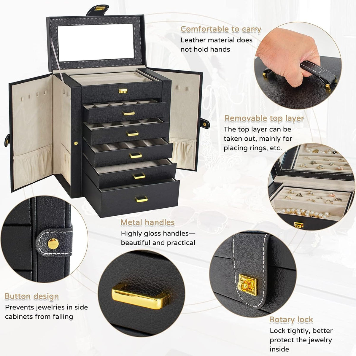 akozlin 6-tier jewelry box organizer 5 drawers storage, close-up detail