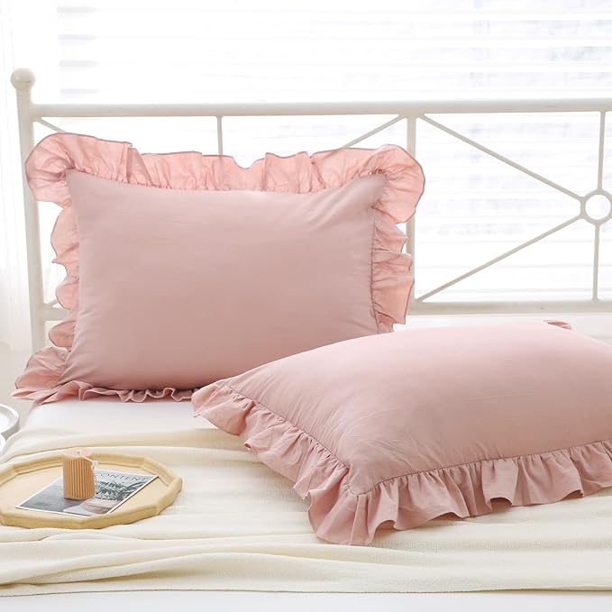 Ruffle Pillowcases Farmhouse Pillow Shams Standard Set of 2, Shabby Dusty Pink - Image 3