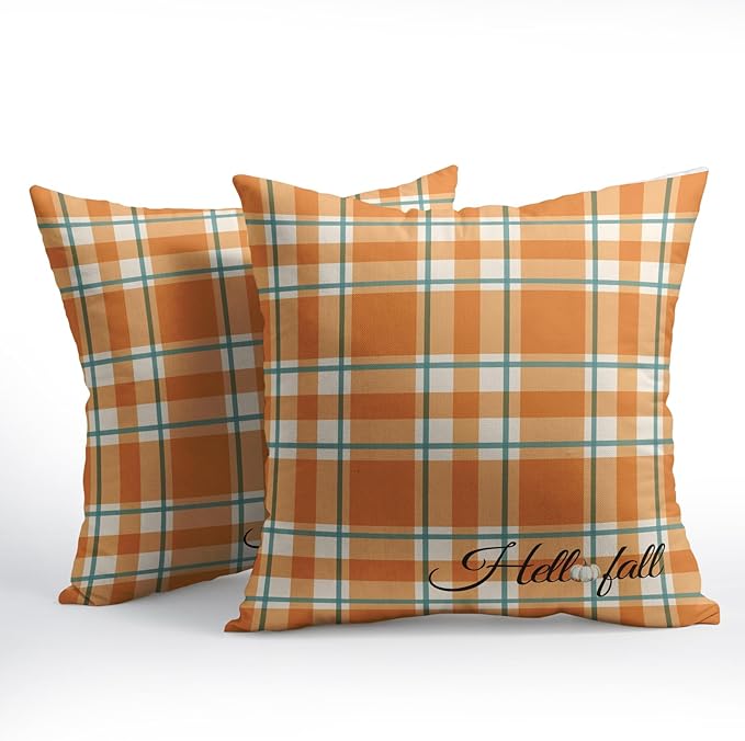 Orange Stripe Fall Throw Pillow Cover 18x18 Inch Set of 2 Hello Fall Stripes - Image 2