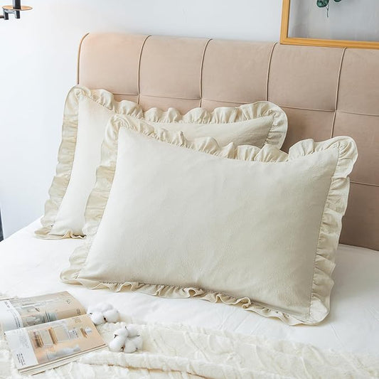 Pillow Shams Set of 2 Washed 100% Cotton Retro Ruffle Flounces Trim Solid Beige by GLORYSEASON