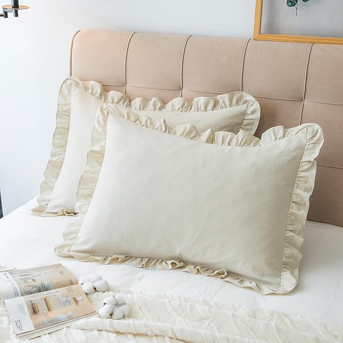 Pillow Shams Set of 2 Washed 100% Cotton Retro Ruffle Flounces Trim Solid Beige by GLORYSEASON