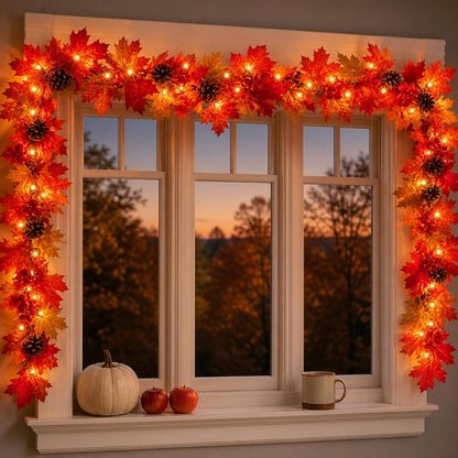 Fall Decorations Lighted Fall Garland with Pinecones and Berries, 9FT 50 Incandescent Bulb UL Certified Connectable Lush and Thicker Fall Garland with Lights for Halloween Thanksgiving Decor(2Packs)