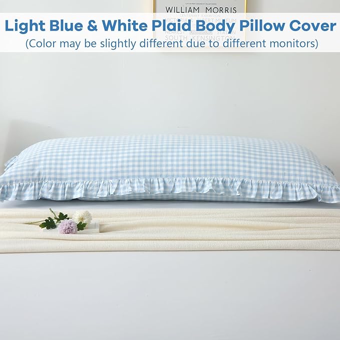 Light Blue White Plaid Ruffle Gingham Bedding Body Pillow Cover, 100% Cotton - Image 2