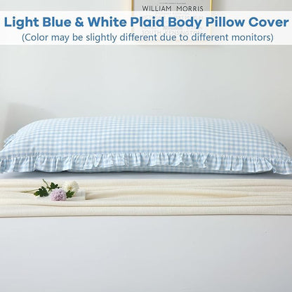 Light Blue White Plaid Ruffle Gingham Bedding Body Pillow Cover, 100% Cotton - Image 2