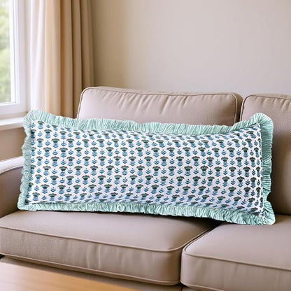 Ridhi Aquamarine Blue 100% Cotton Block Print Ruffle Lumbar Sham Cover Handmade by Ridhi