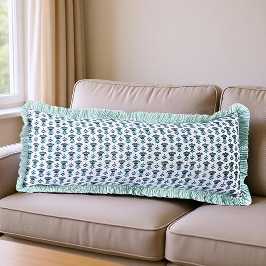 Ridhi Aquamarine Blue 100% Cotton Block Print Ruffle Lumbar Sham Cover Handmade by Ridhi