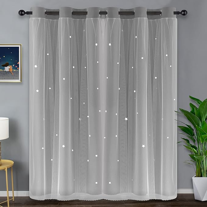 Kinryb Silver Grey 42W x 84L Star Cut-Out Blackout Curtains Decorative - Image 2
