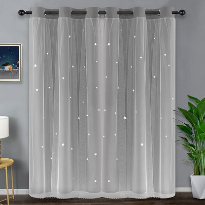 Kinryb Silver Grey 42W x 84L Star Cut-Out Blackout Curtains Decorative - Image 2