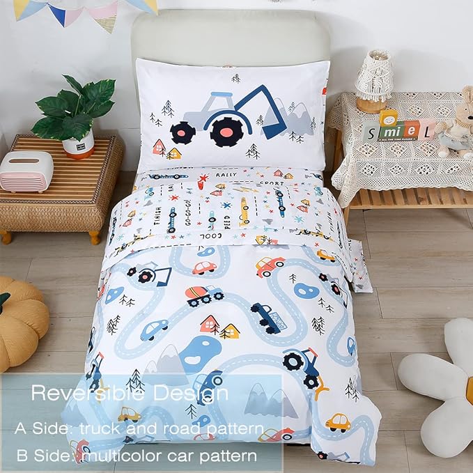 PERFEMET Cars Boys Comforter Set Twin Size 4 Pieces Reversible Truck Kids - Image 3