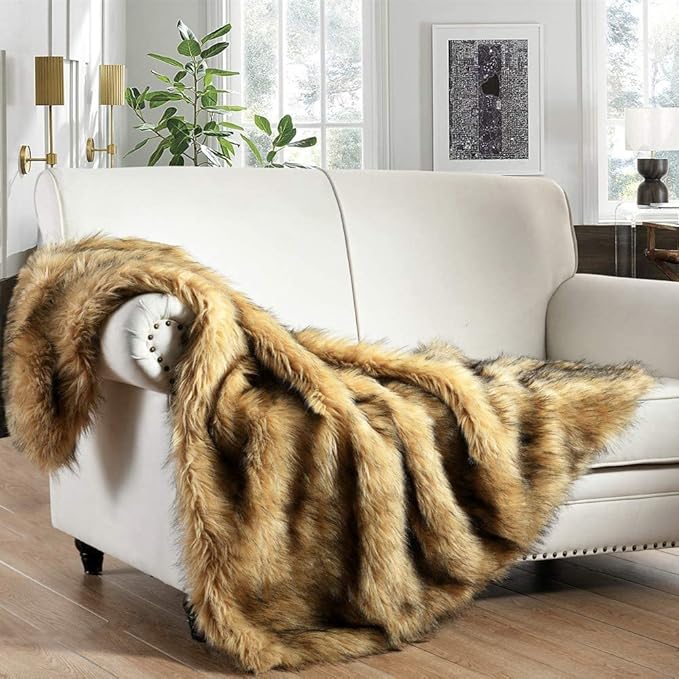 Luxury Plush Faux Fur Throw Blanket, Long Pile Golden Yellow by HORIMOTEHOME