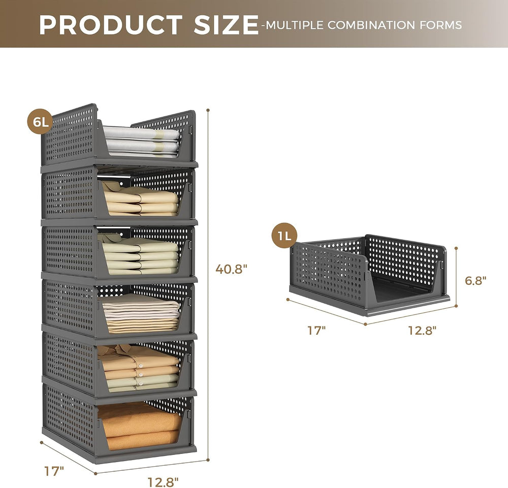Pinkpum 6 Pack Closet Organizer Storage Bins Stackable Plastic Drawer Shelf