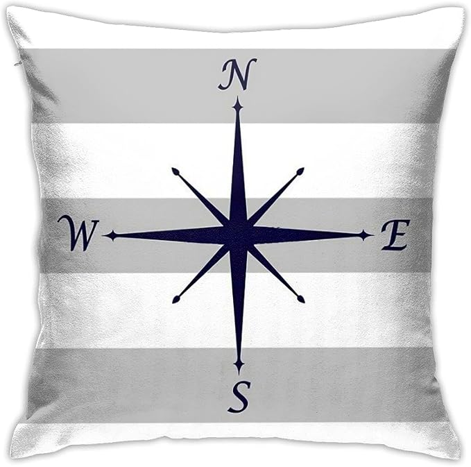 Myshe Square Nautical Navy Blue Compass On Silver Gray and White Stripes Throw by Myshe