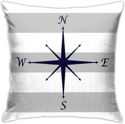 Myshe Square Nautical Navy Blue Compass On Silver Gray and White Stripes Throw by Myshe