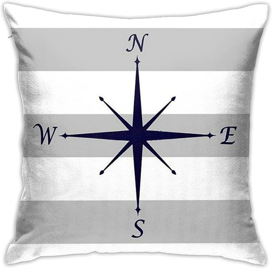 Myshe Square Nautical Navy Blue Compass On Silver Gray and White Stripes Throw by Myshe