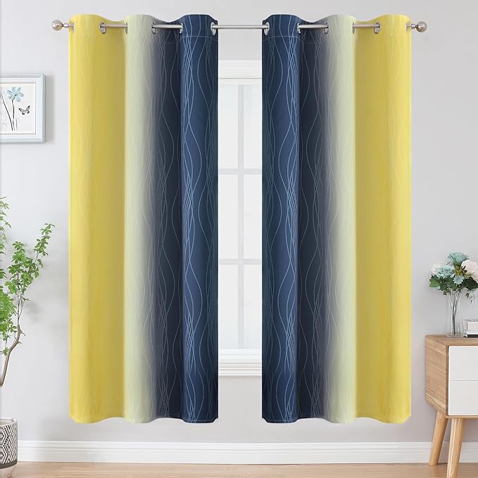 Estelar Textiler Navy Blue and Yellow Ombre Blackout Curtains - Image 2