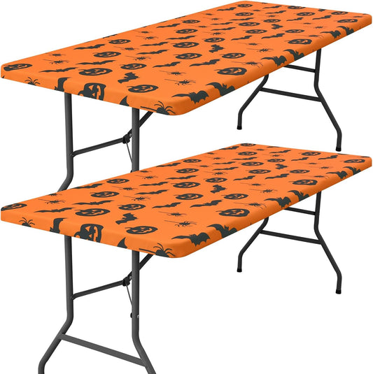 Smiry 2 Pack Rectangle Halloween Table Cloth, Waterproof Elastic Fitted Tablecloths, Washable Polyester Rectangular Patio Table Cover for Autumn Harvest Parties (Bat Pumpkin, 30"x96")