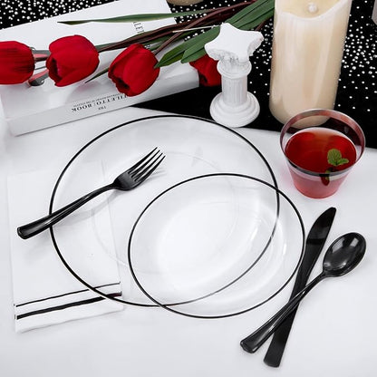 NOCCUR 350PCS Clear and Black Plastic Plates - Disposable Dinnerware Set for 50 Guests Include 100 Dinner/Dessert Plates,150 Black Cutlery,50 Cups&50 Napkins Ideal for Party, Birthday, Halloween