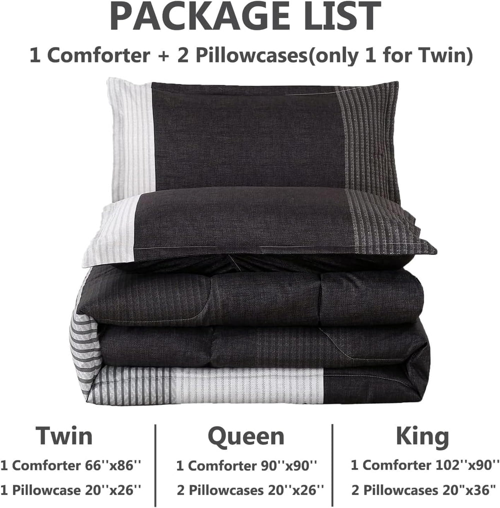 PERFEMET Black Twin Comforter Set, 3 Pieces Striped Pattern Bedding Set Mascu...