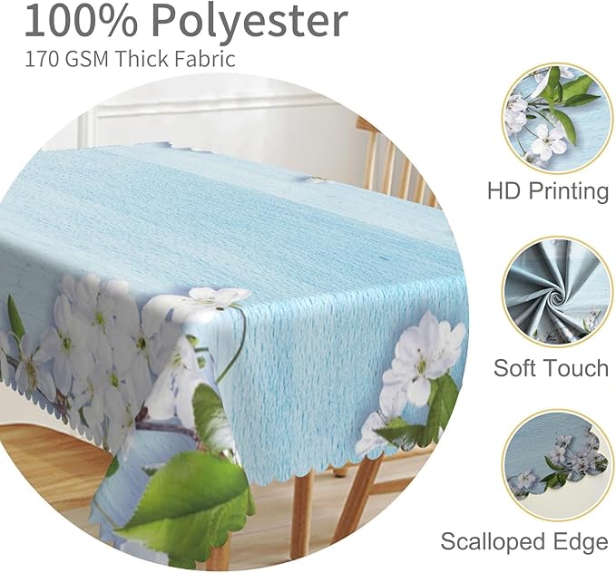 60x84inches Blue Wooden Rectangle Tablecloth Cherry Blossom Flowers Border - Image 3