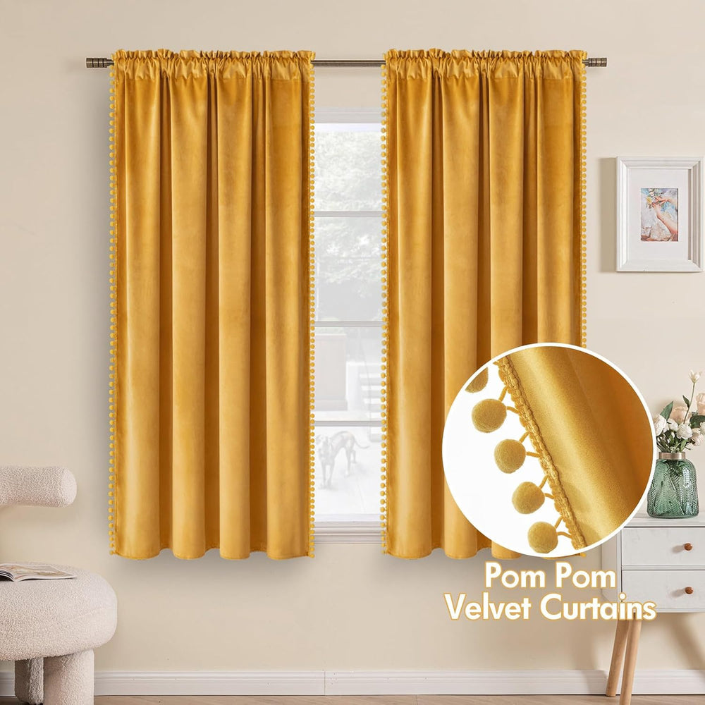 MIULEE Mustard Yellow Pom Pom Velvet Blackout Fall Curtains 2 Panel 52"x...