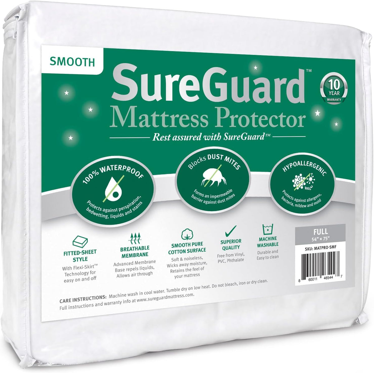 sureguard smooth waterproof mattress protector, full size mattress, main product view