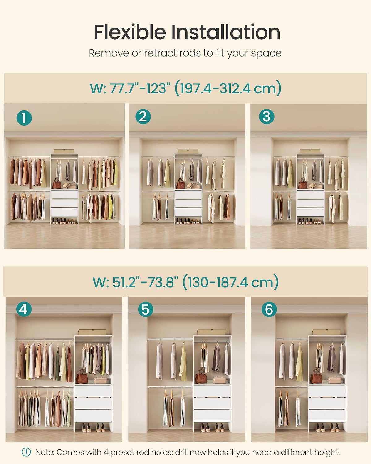 songmics closet system, customizable walk-in closet organizer system showing dimensions