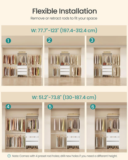 songmics closet system, customizable walk-in closet organizer system showing dimensions