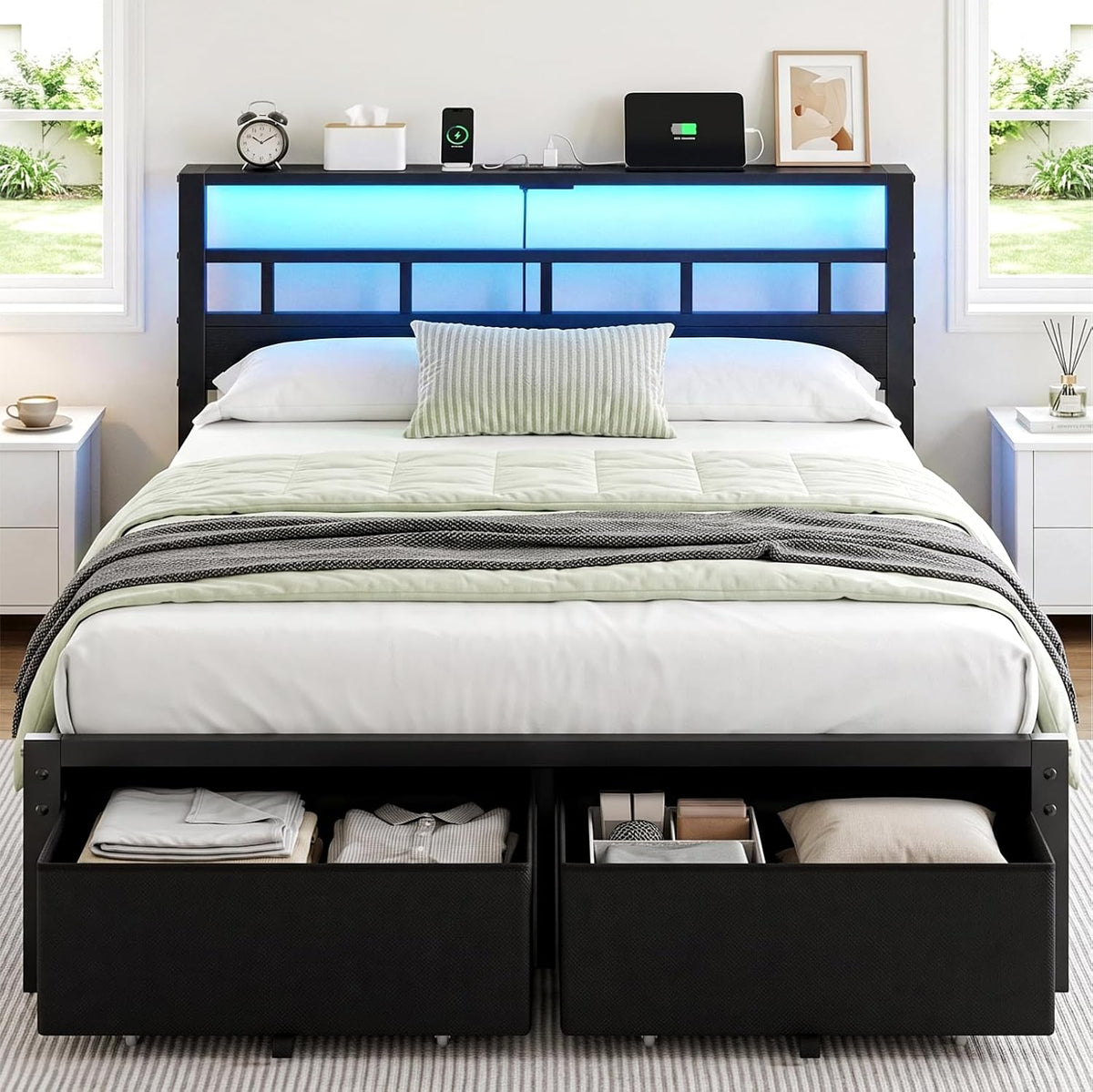 queen size bed frame with 2 storage drawers, close-up detail
