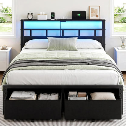 queen size bed frame with 2 storage drawers, close-up detail