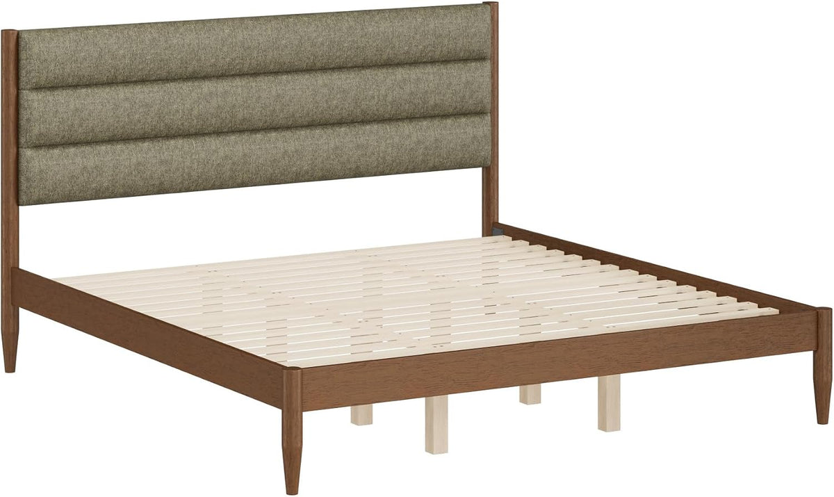 kislot wood bed frame with upholstered headboard, sage on a desk or shelf