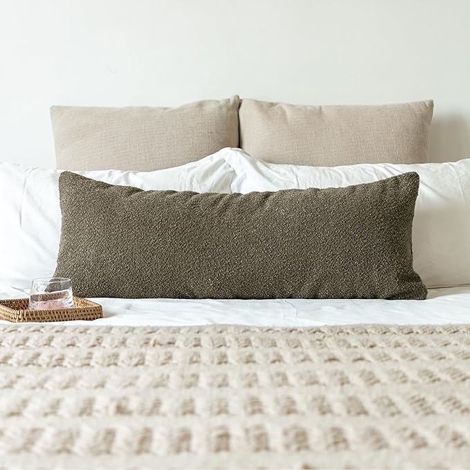 14x36 inch Boucle Lumbar Pillow Cover, Dark Brown Woven Texture Neutral Long by JoraLion