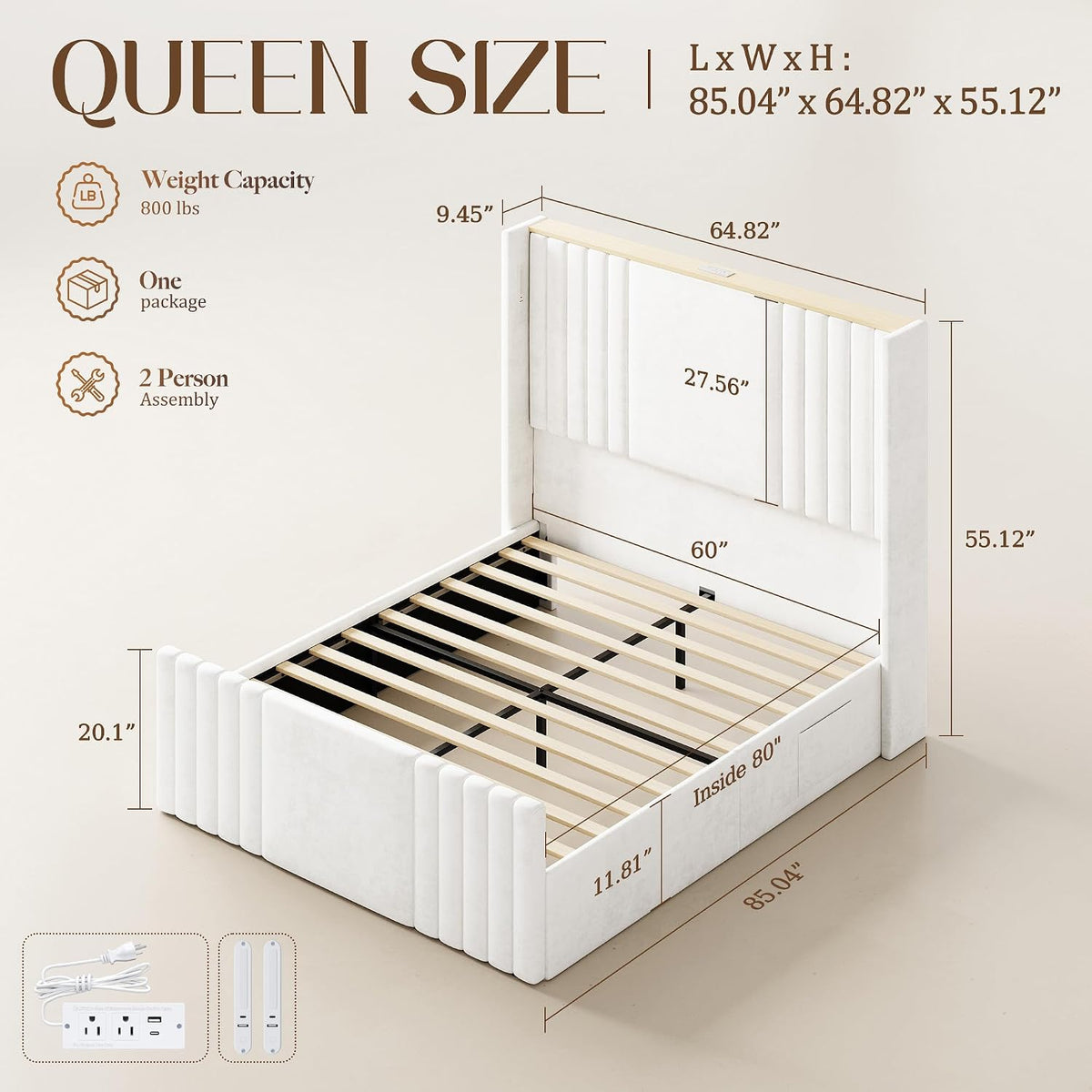 55" tall queen size platform bed frame with shown in use