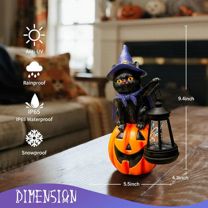 Halloween Black Cat Decor Solar Cat Garden Statues Sit On Pumpkin with LED Lantern Halloween Fall Outdoor Decorations for Porch Patio Yard Lawn Holiday Gardening Gifts for Women
