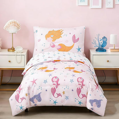 PERFEMET Toddler Bedding Sets Girls 4 Pieces Pink Mermaid Toddler Bed in A Bag by PERFEMET