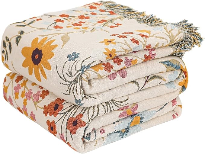 MSGKV Boho Throw Blanket for Couch Chair 100% Cotton Floral Blanket 50"x60" by MSGKVHomeTextiles