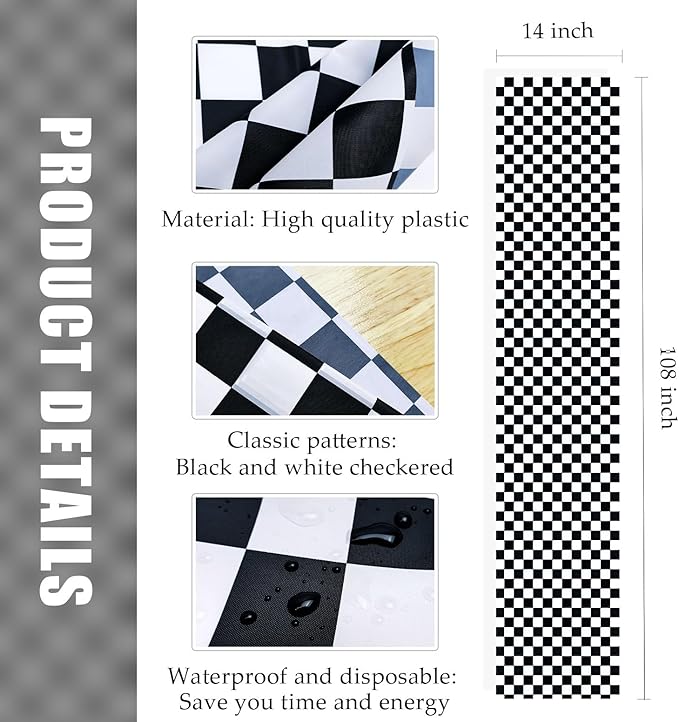 3 Pcs Black and White Checkered Table Runner 14 x 108 Plastic Table Runner - Image 2