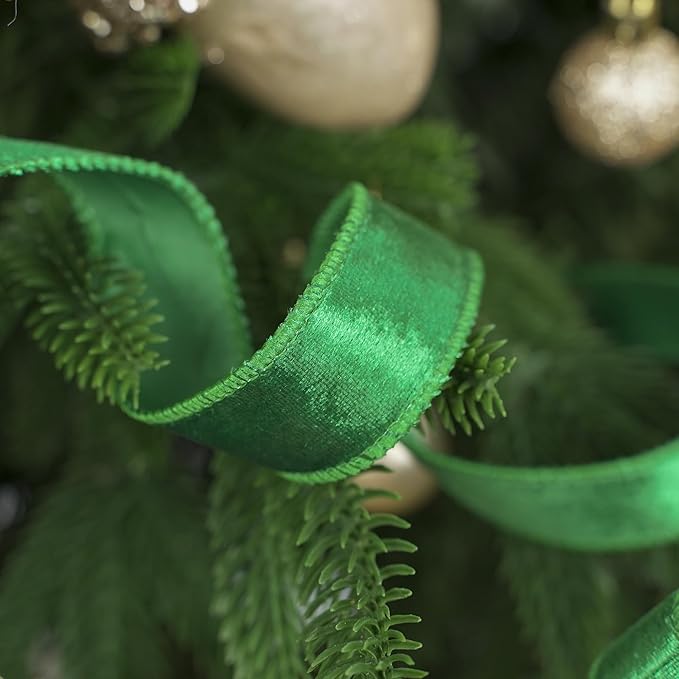 MEEDEE Emerald Green Velvet 1 Inch Green Wired Ribbon 25 Yards Crushed - Image 5