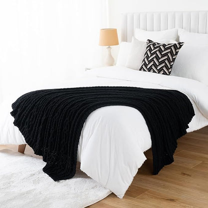 Battilo Black Throw Blanket for Couch, Cable Knit Blanket for Bed, Home Decor - Image 7