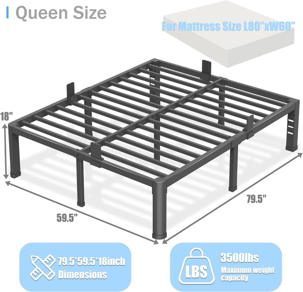 18 inch Queen Bed Frame with Round Corner Legs and Headboard Hole Mattress Sl...