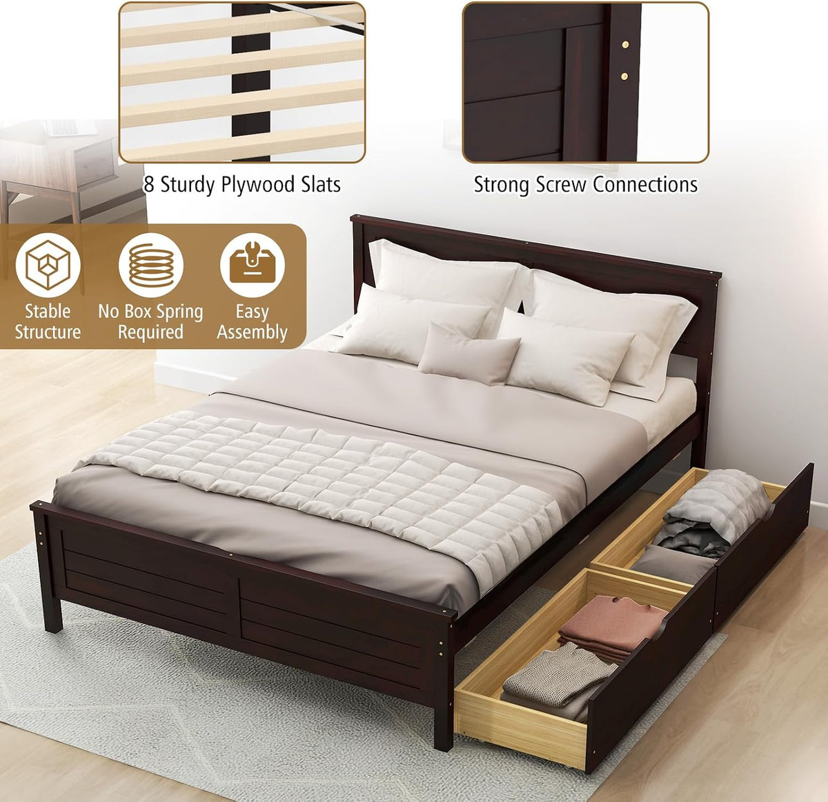 komfott full size wood bed frame with 2 showing dimensions