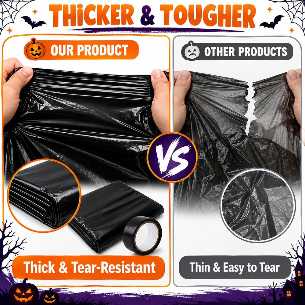 49 x 10 Ft Halloween Black Plastic Sheeting, Spooky Backdrop Decoration Kit